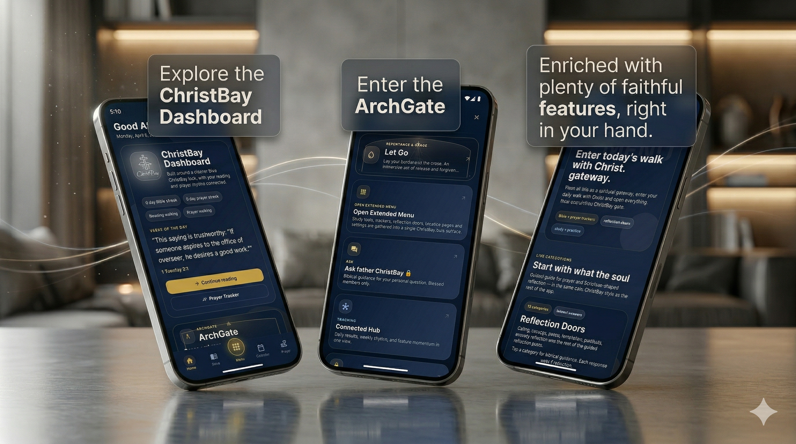ChristBay on three phones, scripture, reflections, and journal in a calm interface